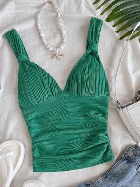 Green Ruched V-Neck Tank Top